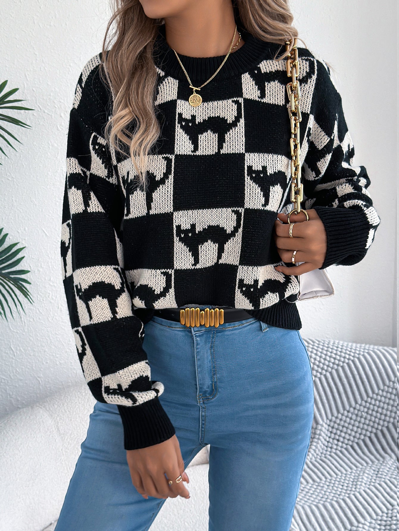 Halloween Checkerboard Graphic Sweater - TayDiane