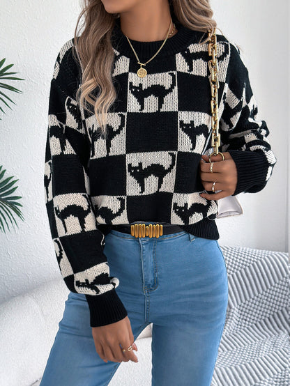 Halloween Checkerboard Graphic Sweater - TayDiane