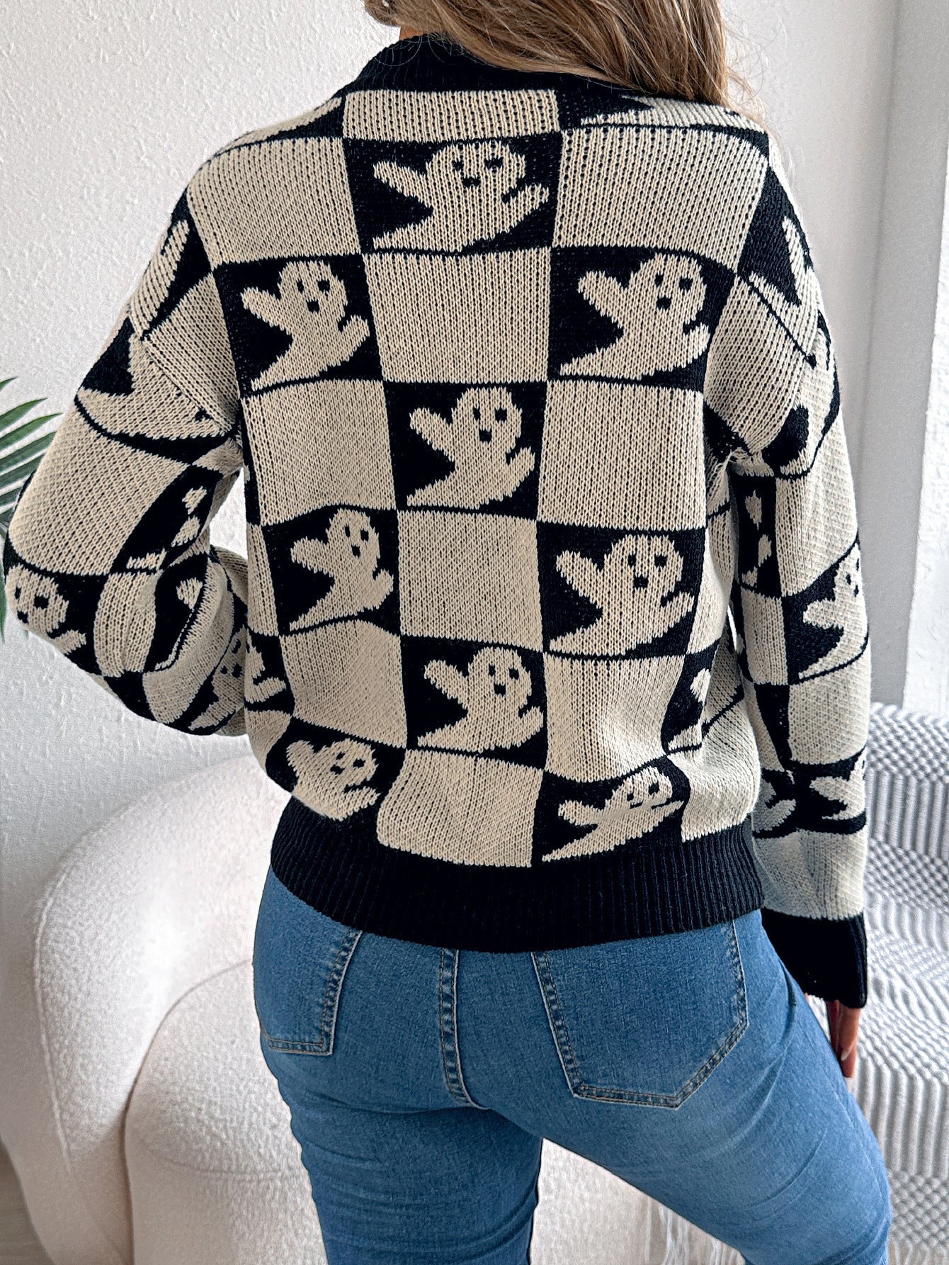 Halloween Checkerboard Graphic Sweater - TayDiane