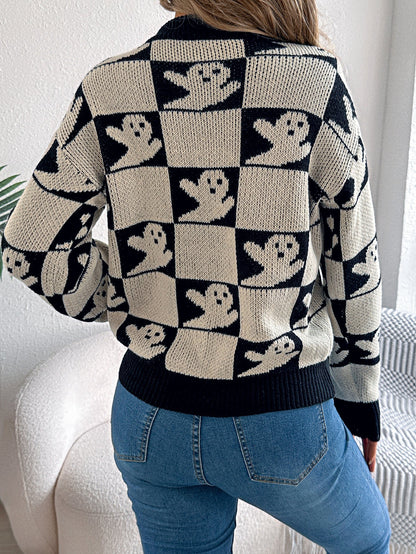Halloween Checkerboard Graphic Sweater - TayDiane