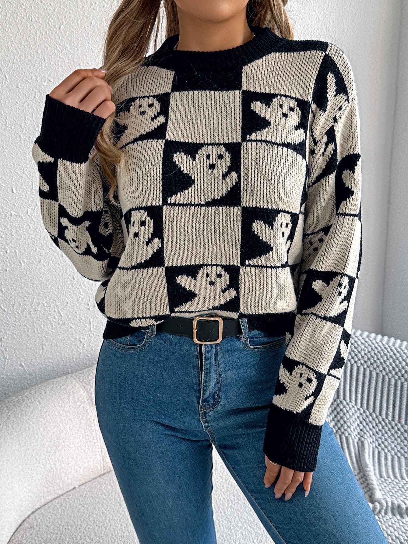 Halloween Checkerboard Graphic Sweater - TayDiane