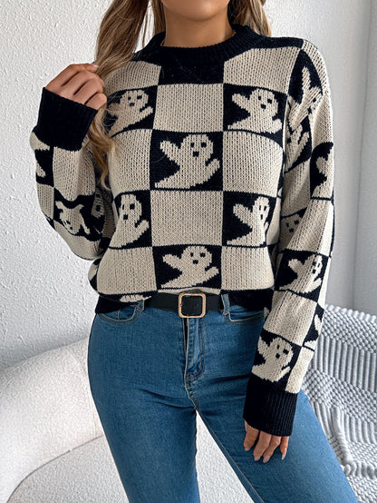 Halloween Checkerboard Graphic Sweater - TayDiane