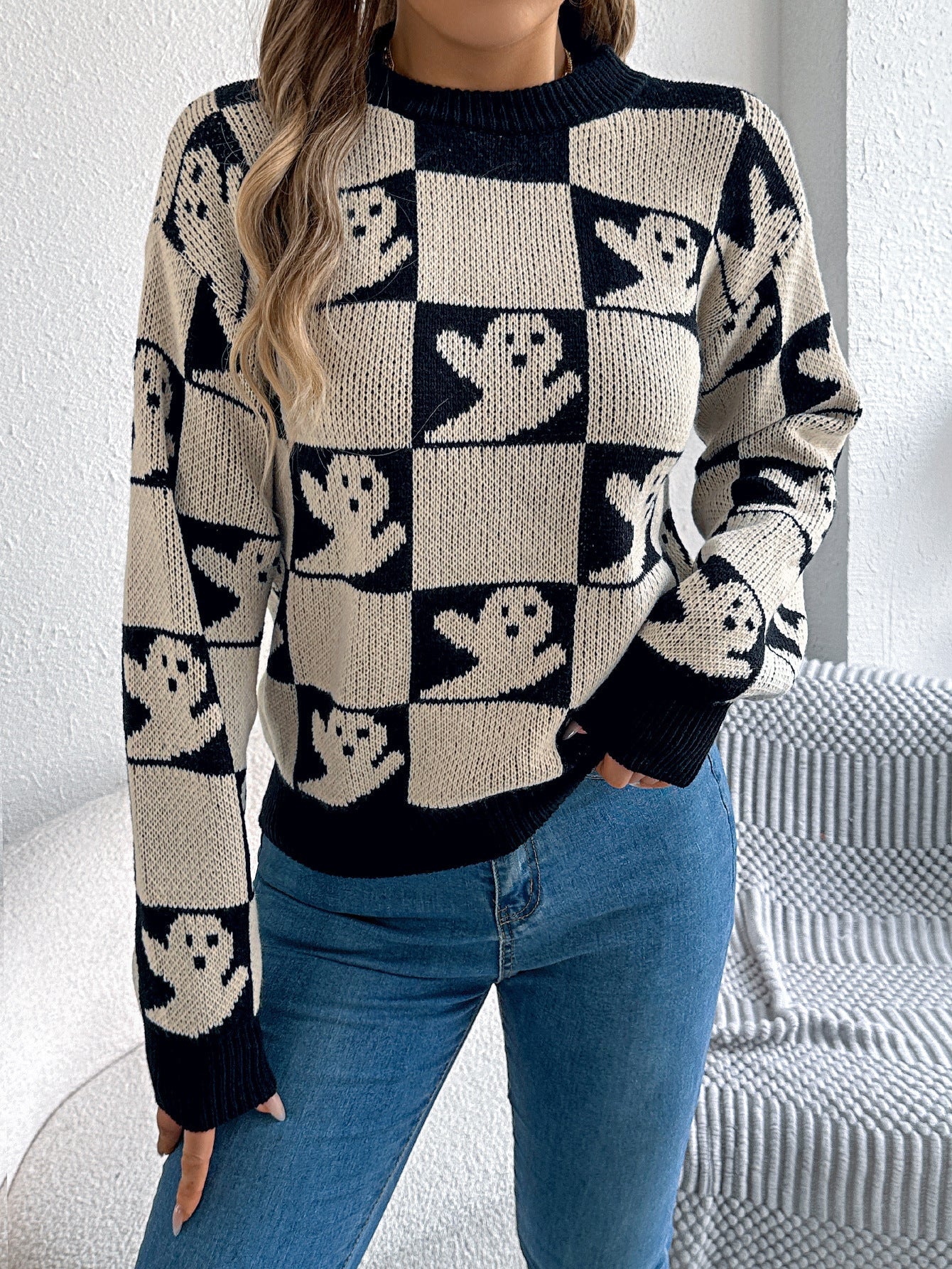 Halloween Checkerboard Graphic Sweater - TayDiane