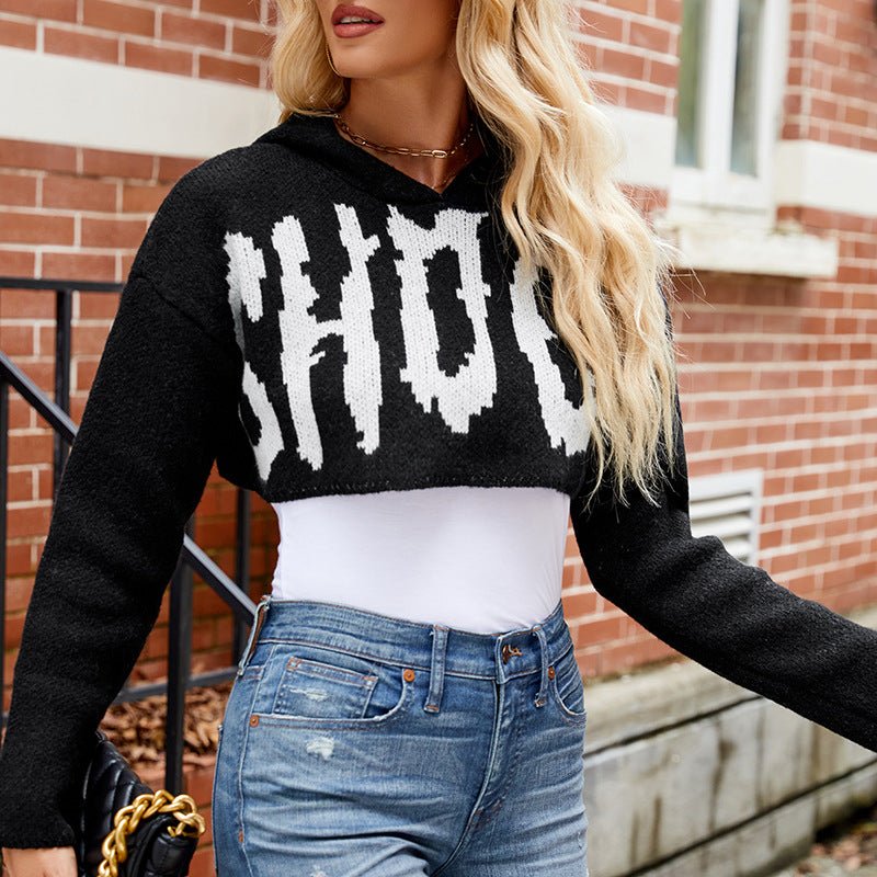 Halloween Cropped Hooded Sweater with Letter Graphic - TayDiane
