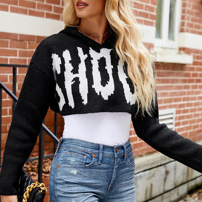Halloween Cropped Hooded Sweater with Letter Graphic - TayDiane