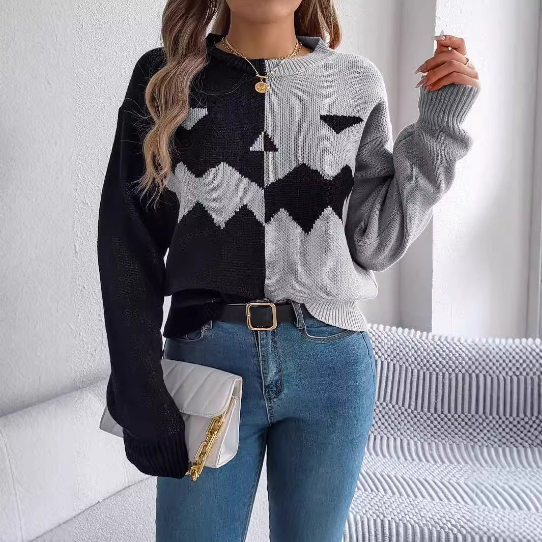 Halloween Ghost Pumpkin Contrast Color Knitted Long Sleeve Sweater - TayDiane