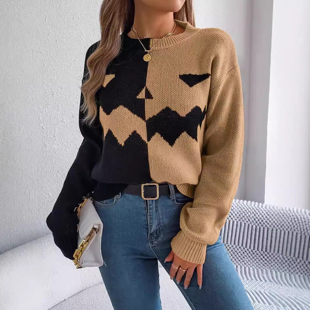 Halloween Ghost Pumpkin Contrast Color Knitted Long Sleeve Sweater - TayDiane