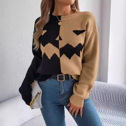 Halloween Ghost Pumpkin Contrast Color Knitted Long Sleeve Sweater - TayDiane