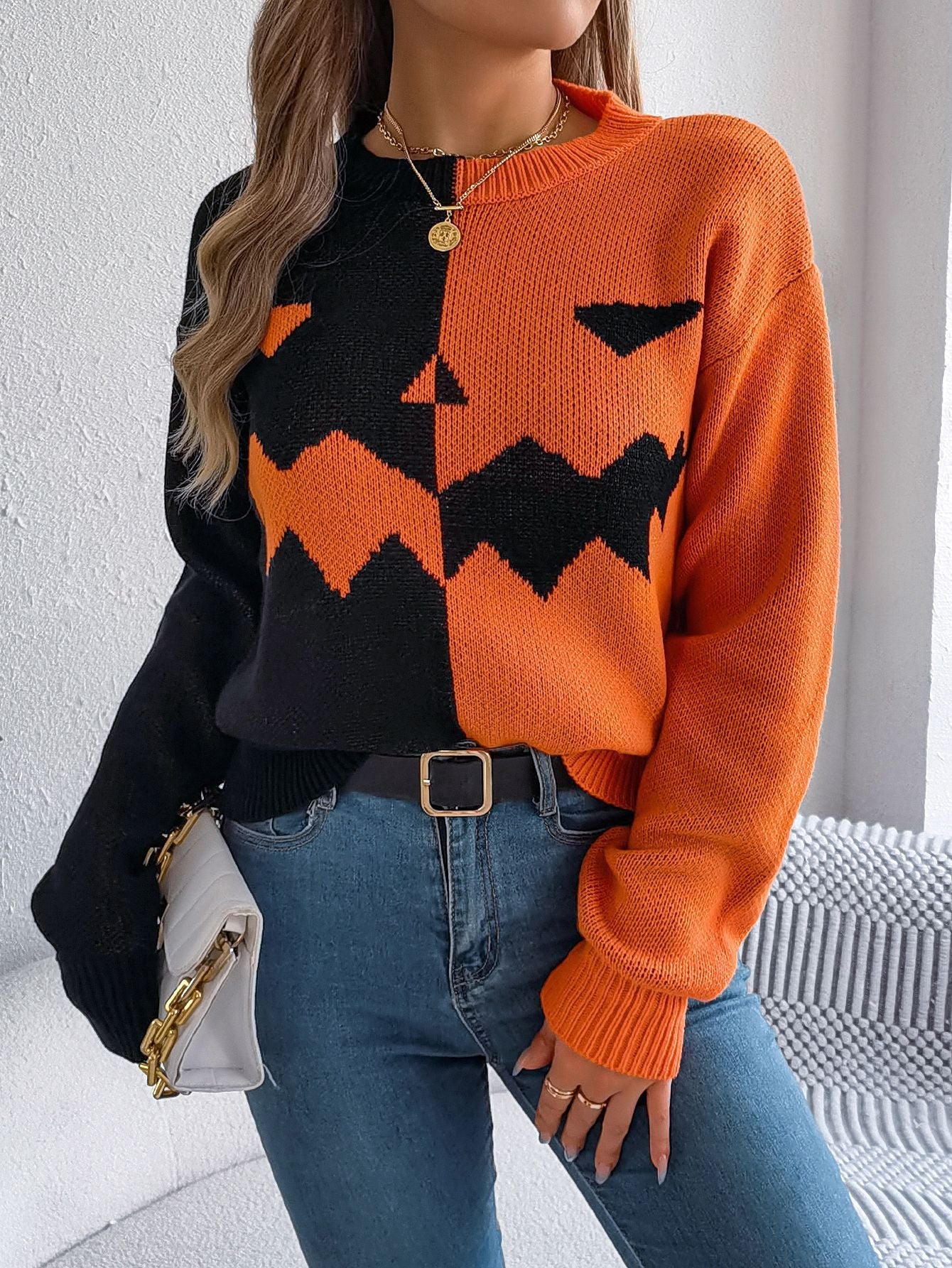 Halloween Ghost Pumpkin Contrast Color Knitted Long Sleeve Sweater - TayDiane