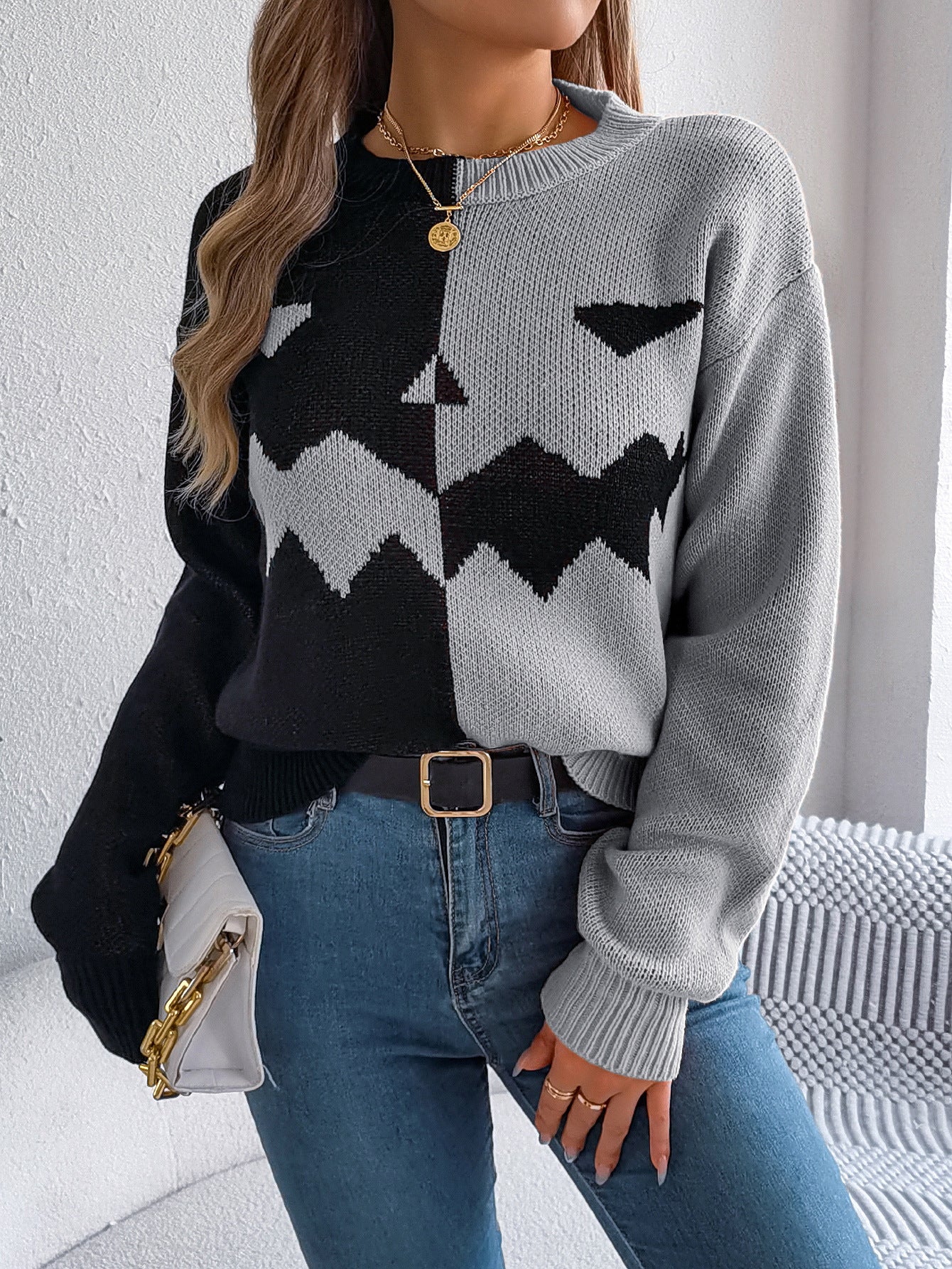 Halloween Ghost Pumpkin Contrast Color Knitted Long Sleeve Sweater - TayDiane