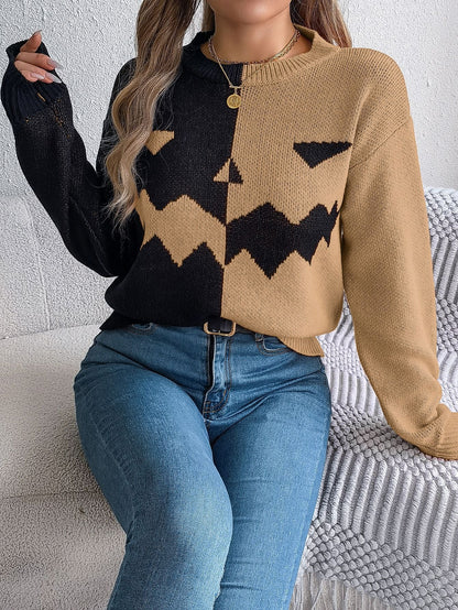 Halloween Ghost Pumpkin Contrast Color Knitted Long Sleeve Sweater - TayDiane
