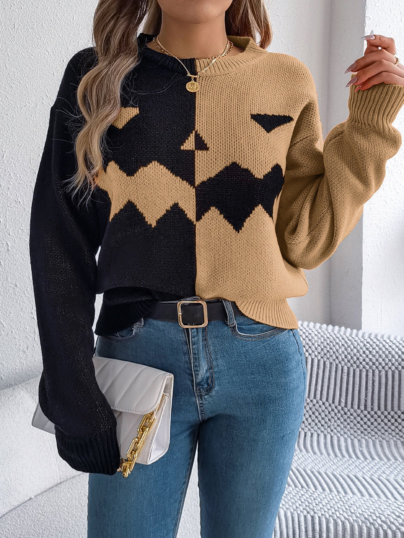 Halloween Ghost Pumpkin Contrast Color Knitted Long Sleeve Sweater - TayDiane