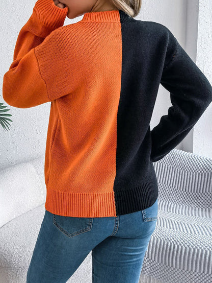 Halloween Ghost Pumpkin Contrast Color Knitted Long Sleeve Sweater - TayDiane