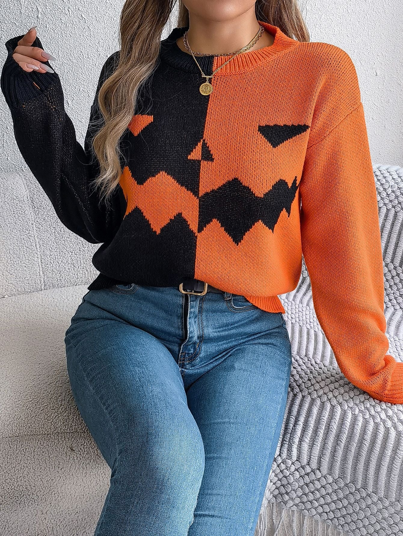 Halloween Ghost Pumpkin Contrast Color Knitted Long Sleeve Sweater - TayDiane