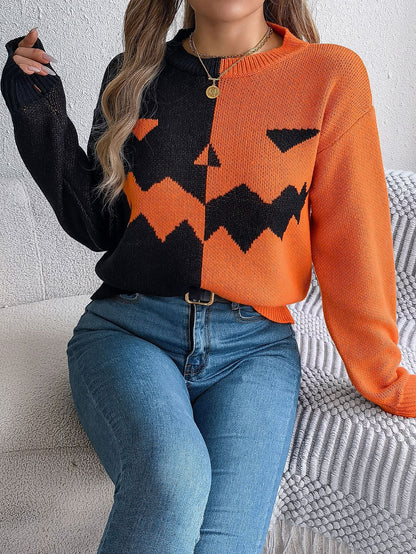Halloween Ghost Pumpkin Contrast Color Knitted Long Sleeve Sweater - TayDiane