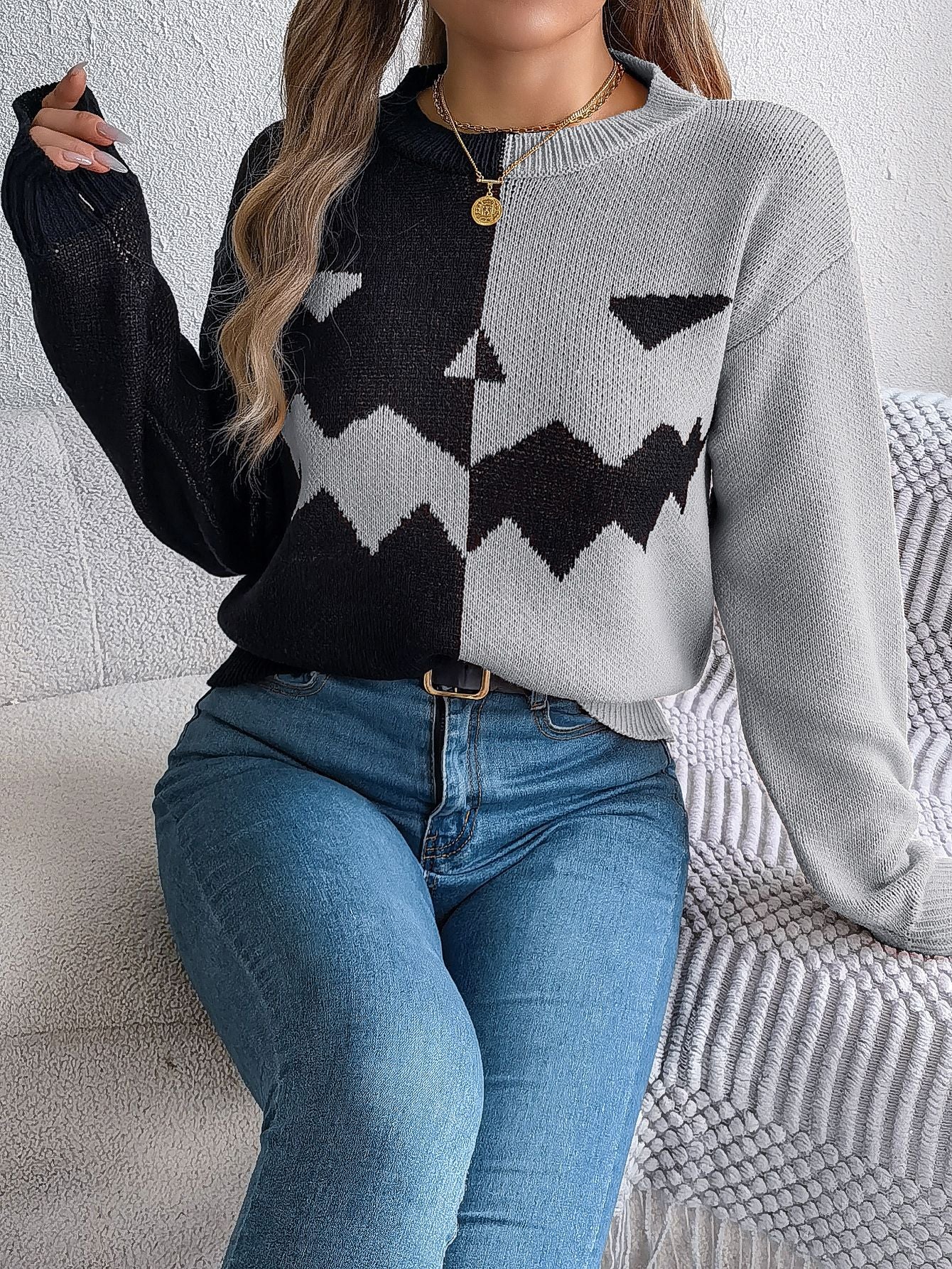 Halloween Ghost Pumpkin Contrast Color Knitted Long Sleeve Sweater - TayDiane