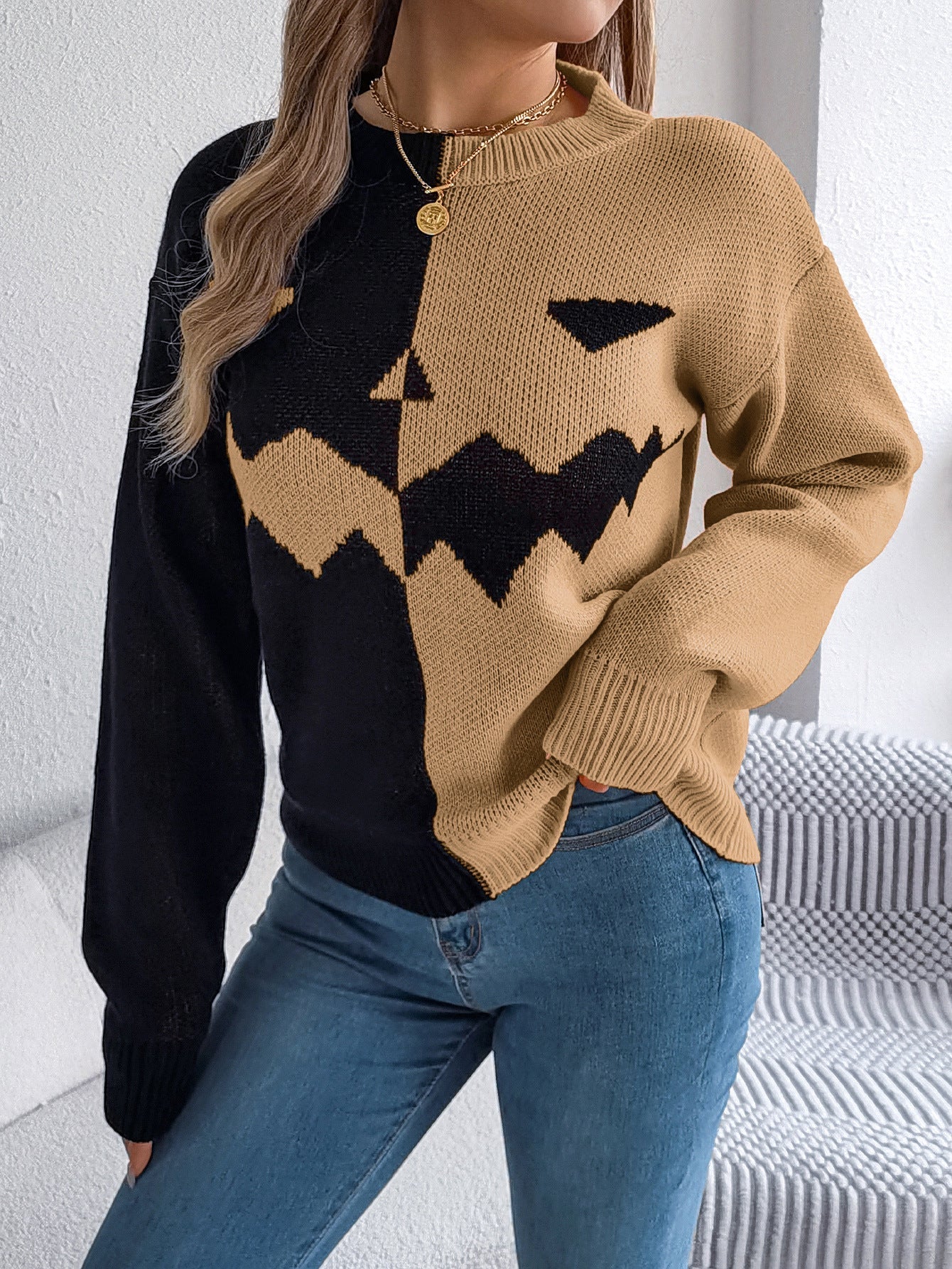 Halloween Ghost Pumpkin Contrast Color Knitted Long Sleeve Sweater - TayDiane