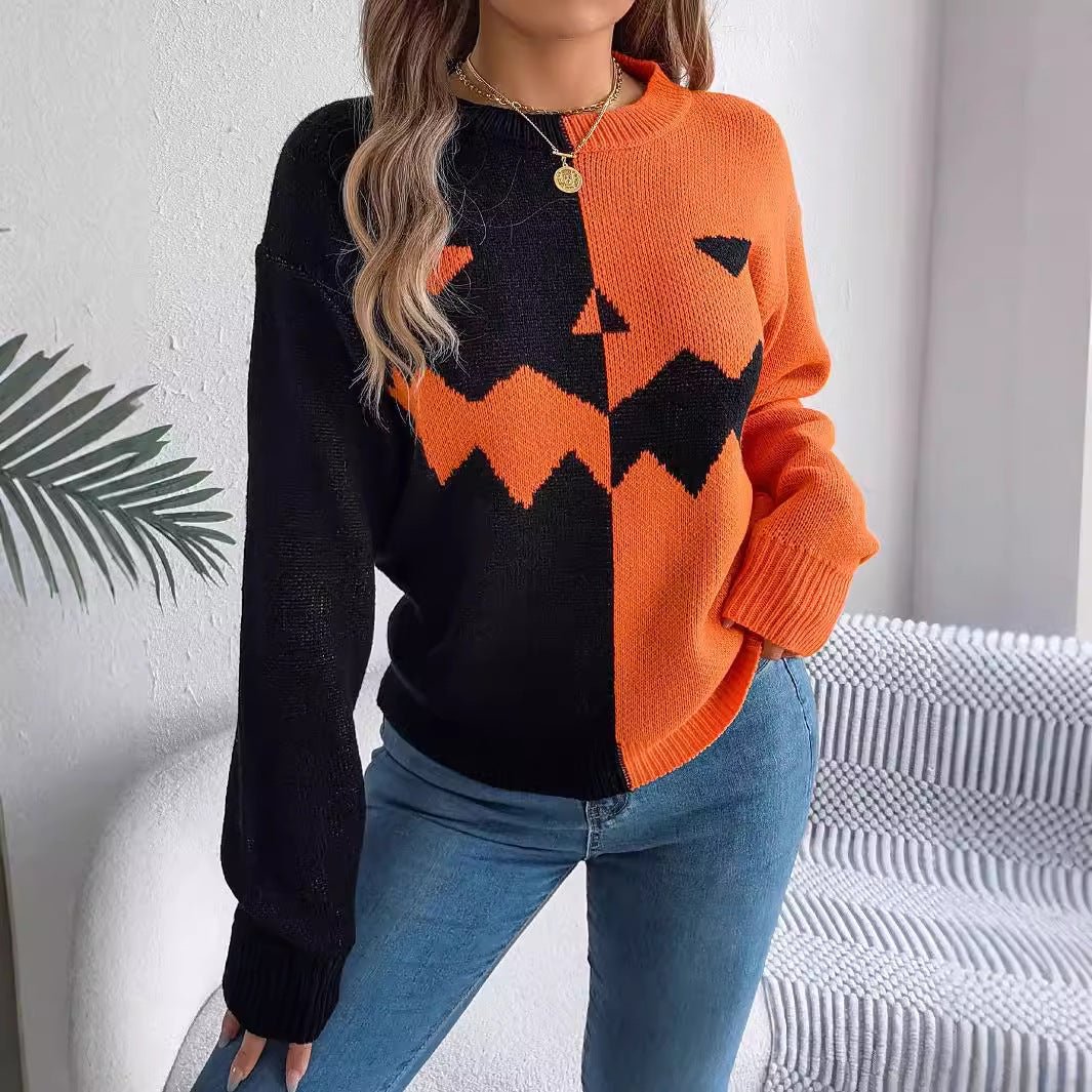 Halloween Ghost Pumpkin Contrast Color Knitted Long Sleeve Sweater - TayDiane