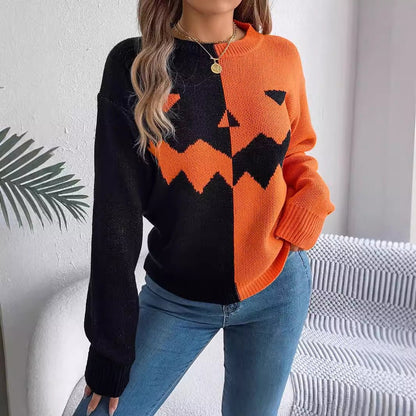 Halloween Ghost Pumpkin Contrast Color Knitted Long Sleeve Sweater - TayDiane