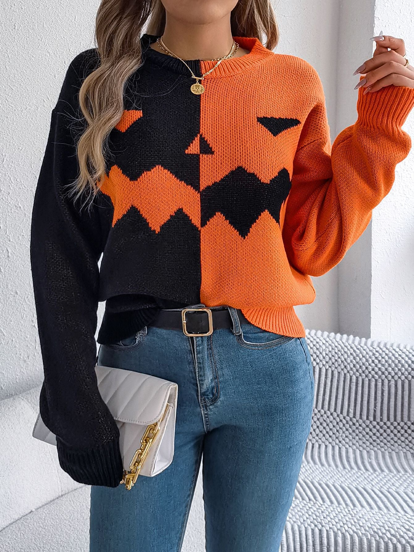 Halloween Ghost Pumpkin Contrast Color Knitted Long Sleeve Sweater - TayDiane