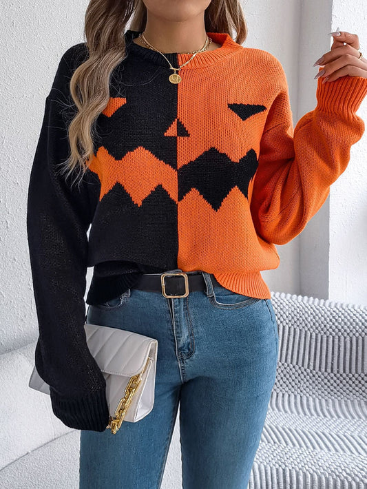 Halloween Ghost Pumpkin Contrast Color Knitted Long Sleeve Sweater - TayDiane