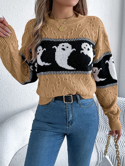 Halloween Ghost Theme Knitted Long Sleeve Sweater - TayDiane