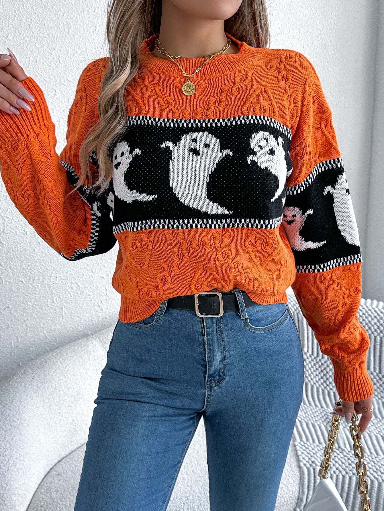 Halloween Ghost Theme Knitted Long Sleeve Sweater - TayDiane