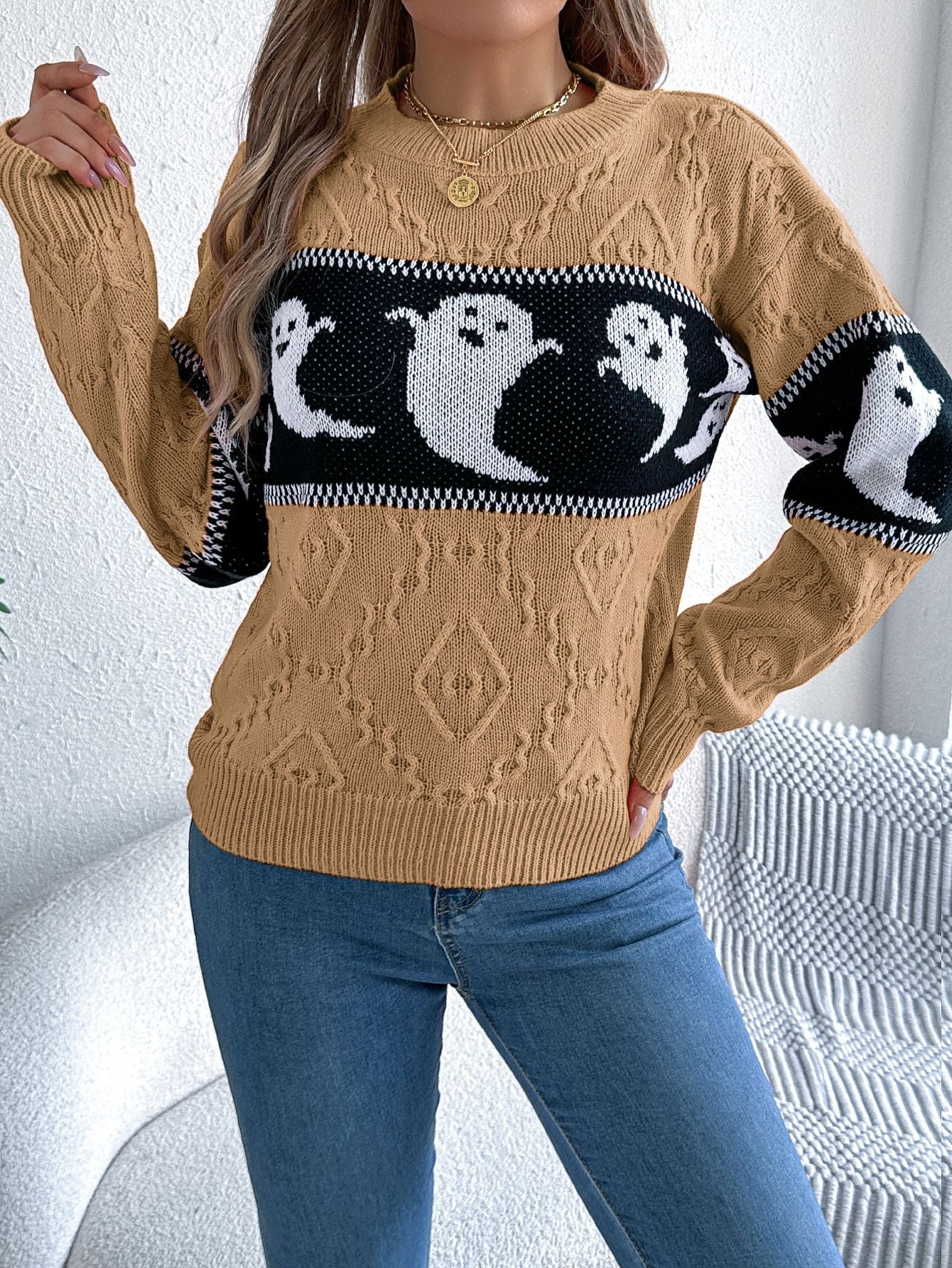 Halloween Ghost Theme Knitted Long Sleeve Sweater - TayDiane
