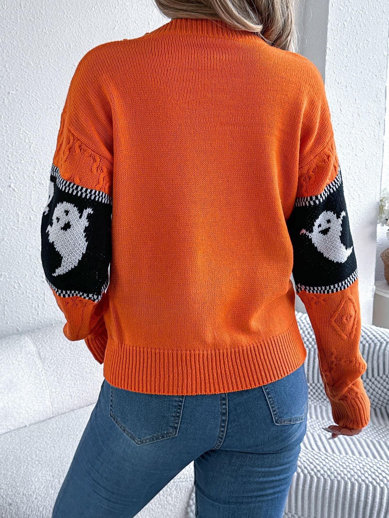 Halloween Ghost Theme Knitted Long Sleeve Sweater - TayDiane