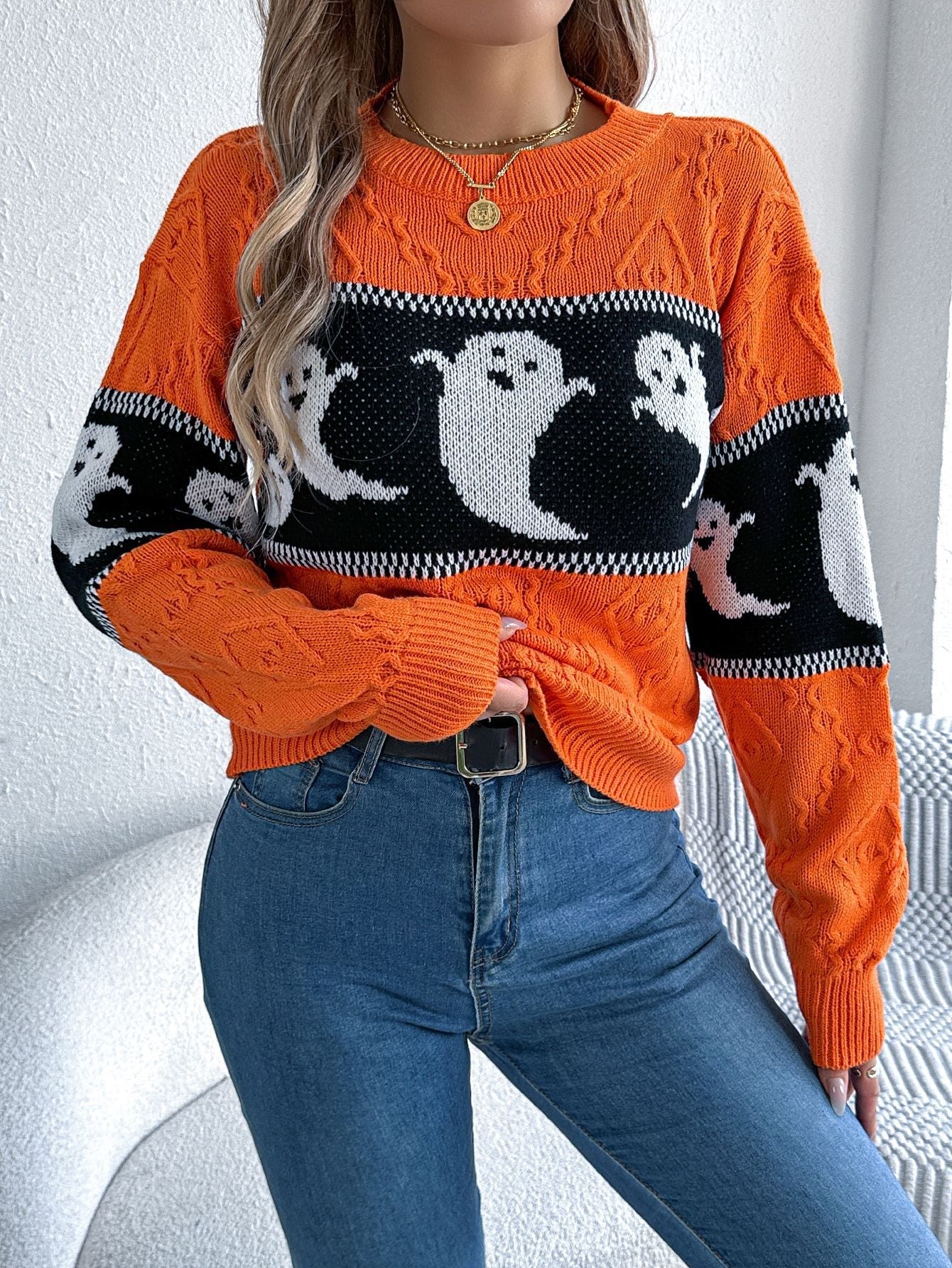 Halloween Ghost Theme Knitted Long Sleeve Sweater - TayDiane