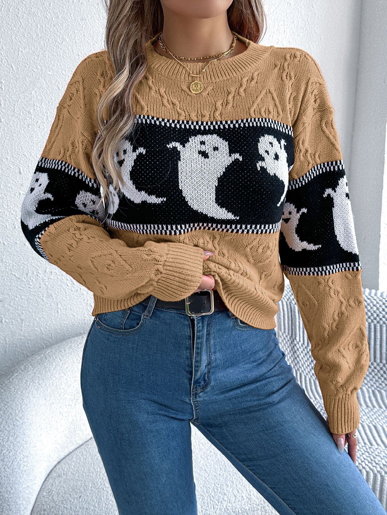 Halloween Ghost Theme Knitted Long Sleeve Sweater - TayDiane