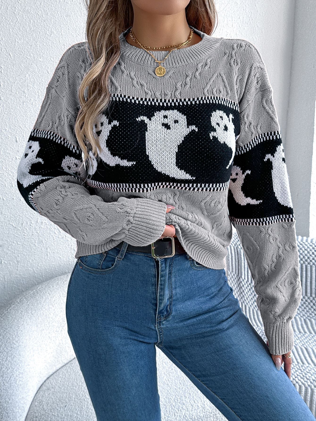 Halloween Ghost Theme Knitted Long Sleeve Sweater - TayDiane