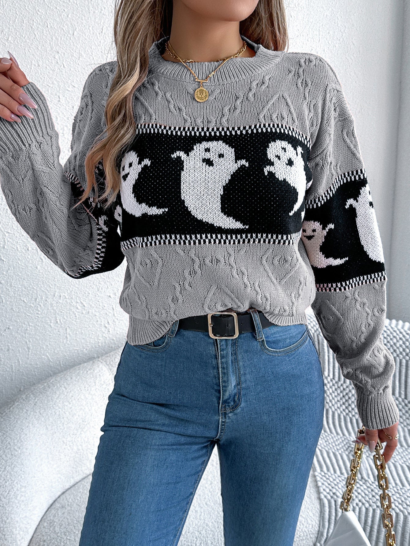 Halloween Ghost Theme Knitted Long Sleeve Sweater - TayDiane
