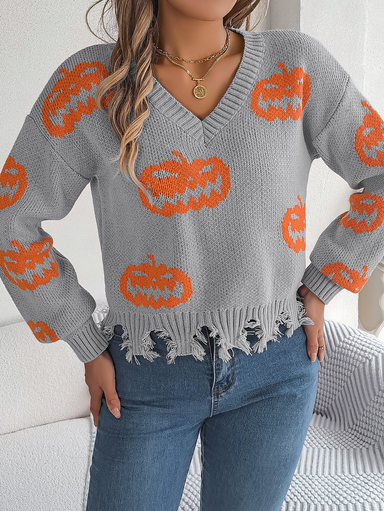 Halloween Pumpkin Cut Rotten Long Sleeve Sweater - TayDiane