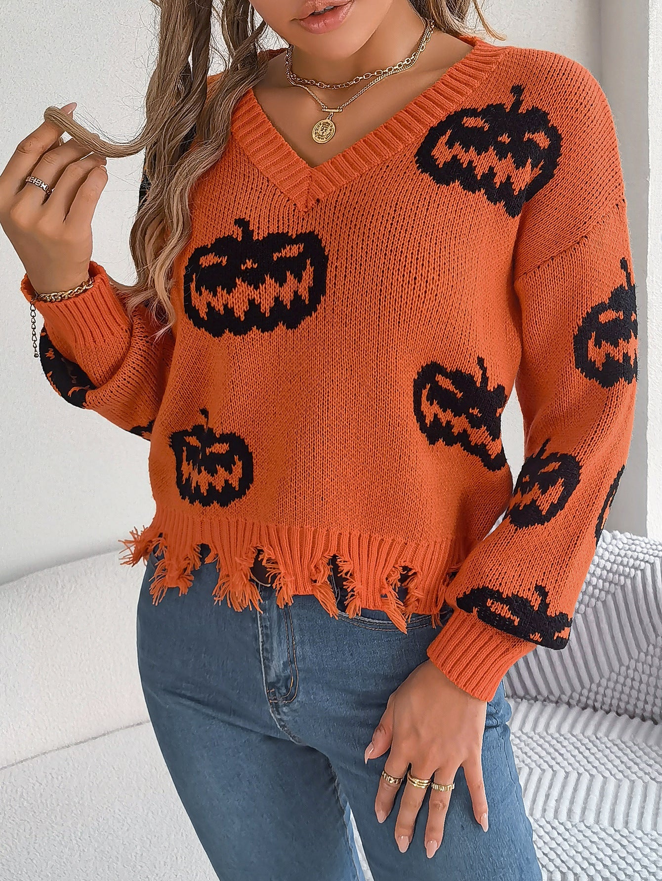 Halloween Pumpkin Cut Rotten Long Sleeve Sweater - TayDiane