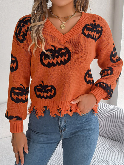 Halloween Pumpkin Cut Rotten Long Sleeve Sweater - TayDiane