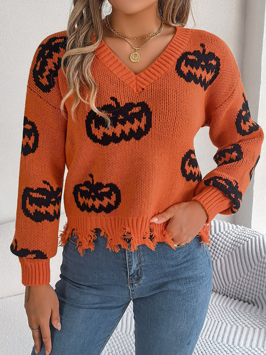 Halloween Pumpkin Cut Rotten Long Sleeve Sweater - TayDiane