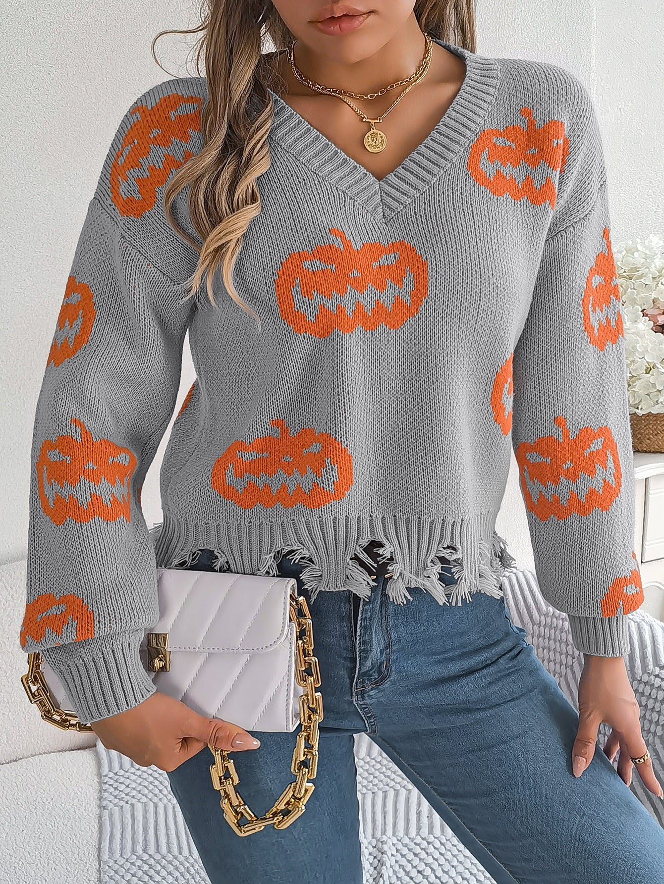 Halloween Pumpkin Cut Rotten Long Sleeve Sweater - TayDiane
