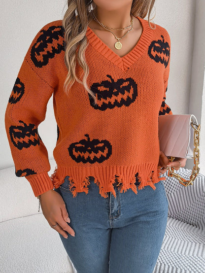 Halloween Pumpkin Cut Rotten Long Sleeve Sweater - TayDiane