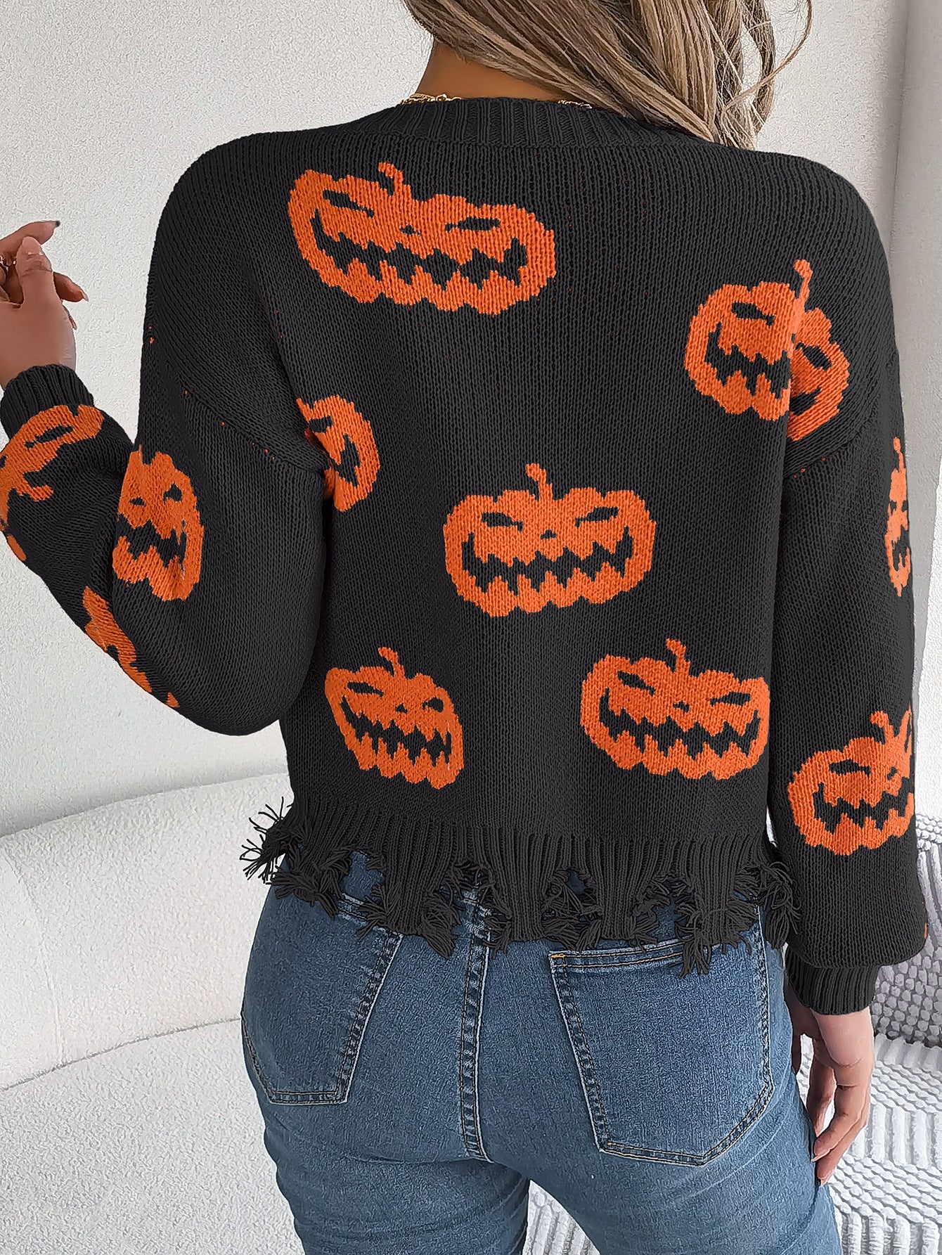 Halloween Pumpkin Cut Rotten Long Sleeve Sweater - TayDiane