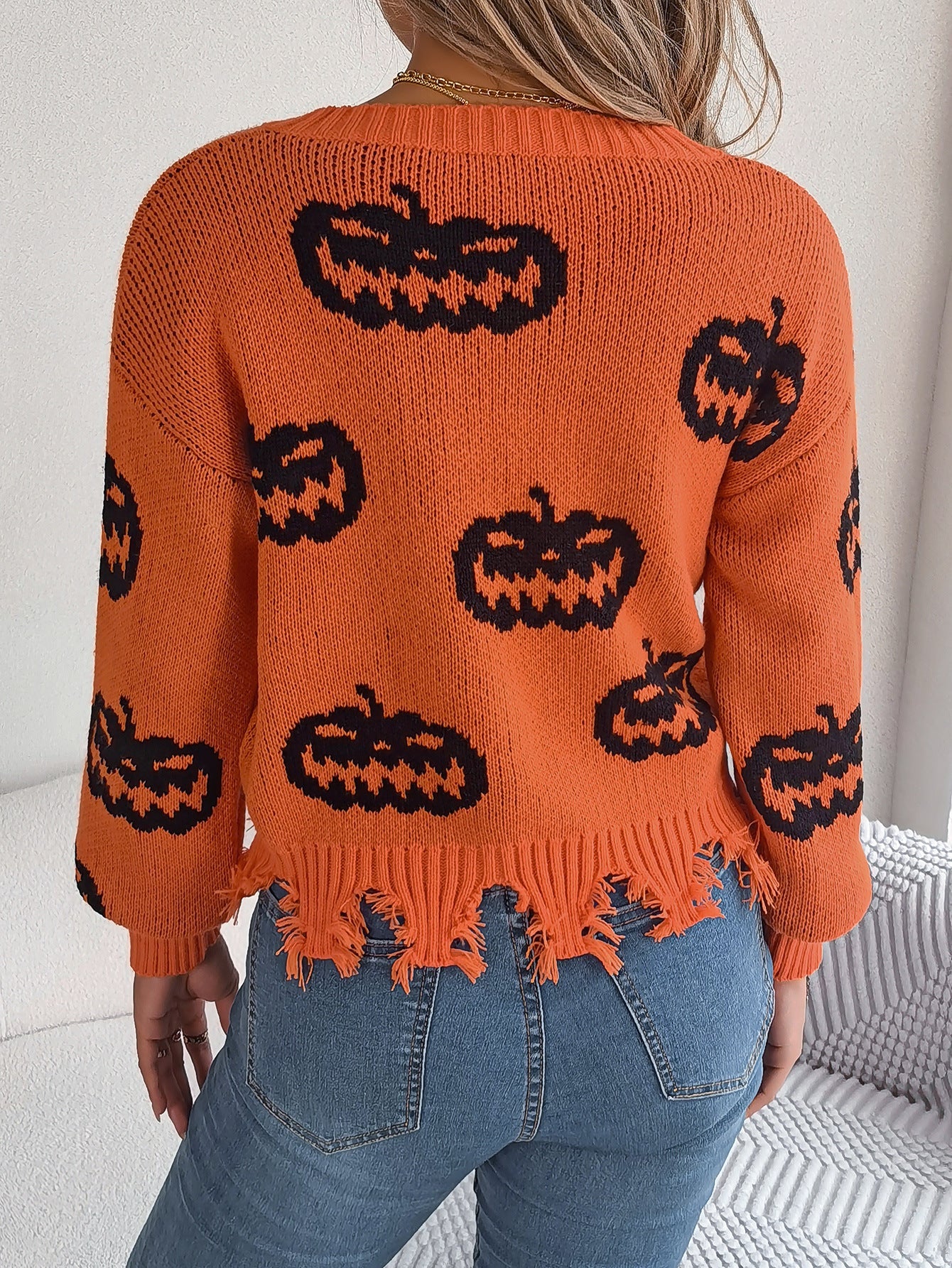 Halloween Pumpkin Cut Rotten Long Sleeve Sweater - TayDiane