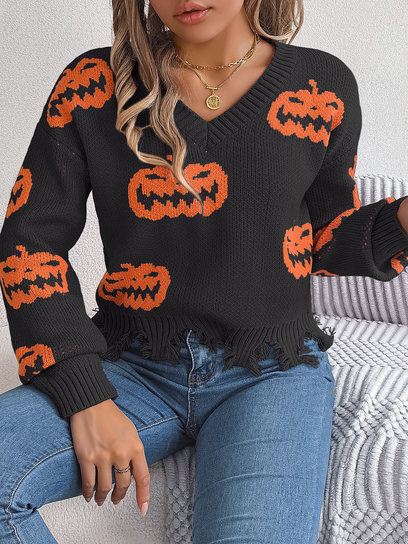 Halloween Pumpkin Cut Rotten Long Sleeve Sweater - TayDiane