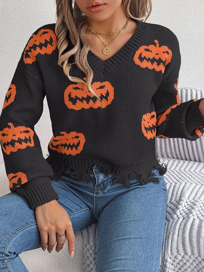 Halloween Pumpkin Cut Rotten Long Sleeve Sweater - TayDiane