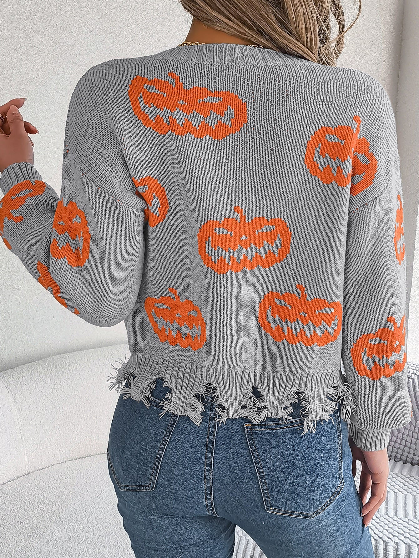 Halloween Pumpkin Cut Rotten Long Sleeve Sweater - TayDiane