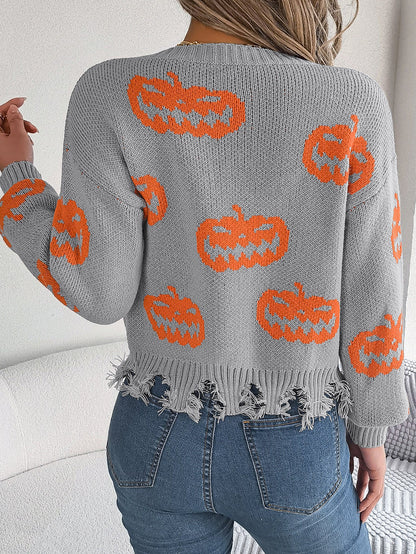 Halloween Pumpkin Cut Rotten Long Sleeve Sweater - TayDiane