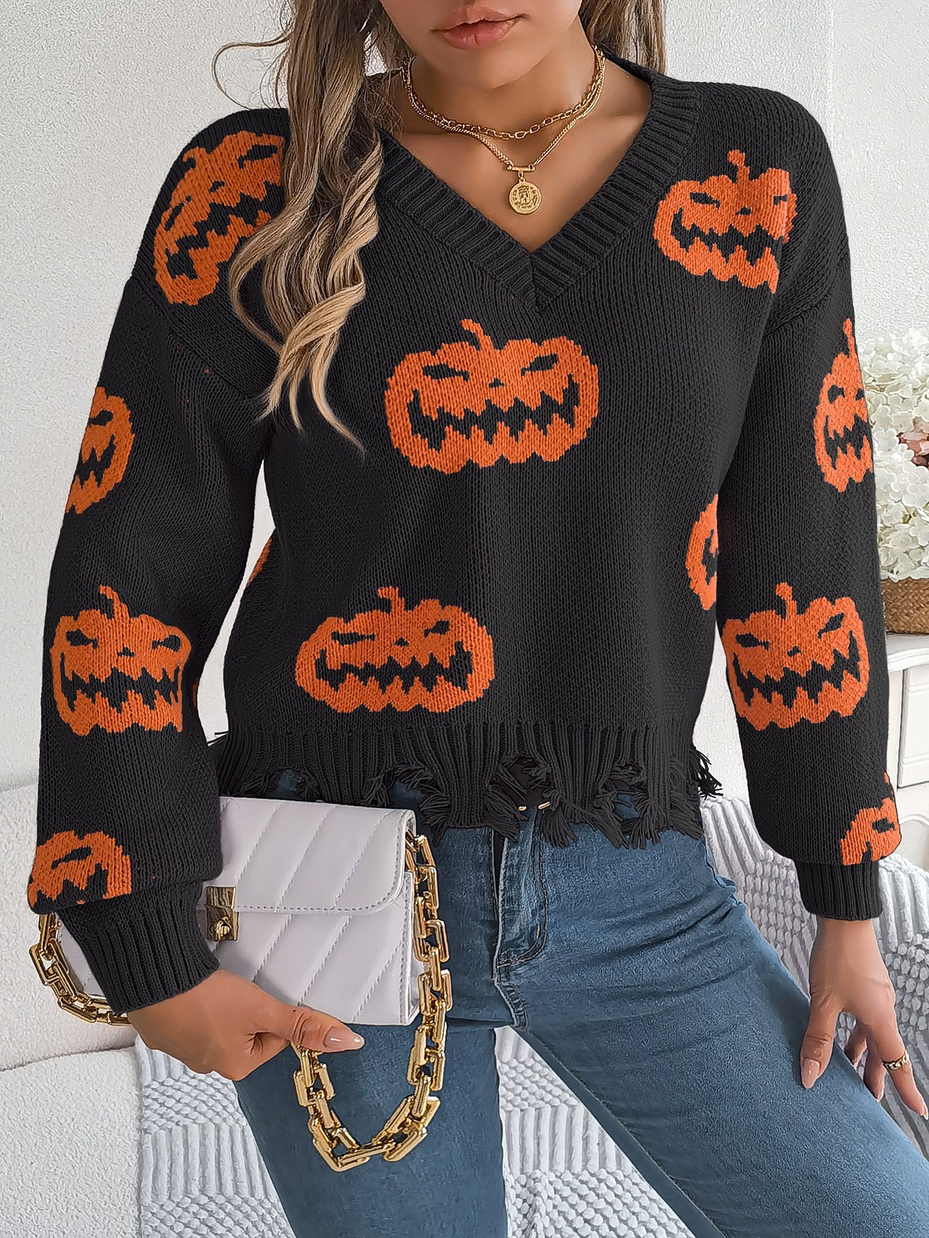 Halloween Pumpkin Cut Rotten Long Sleeve Sweater - TayDiane