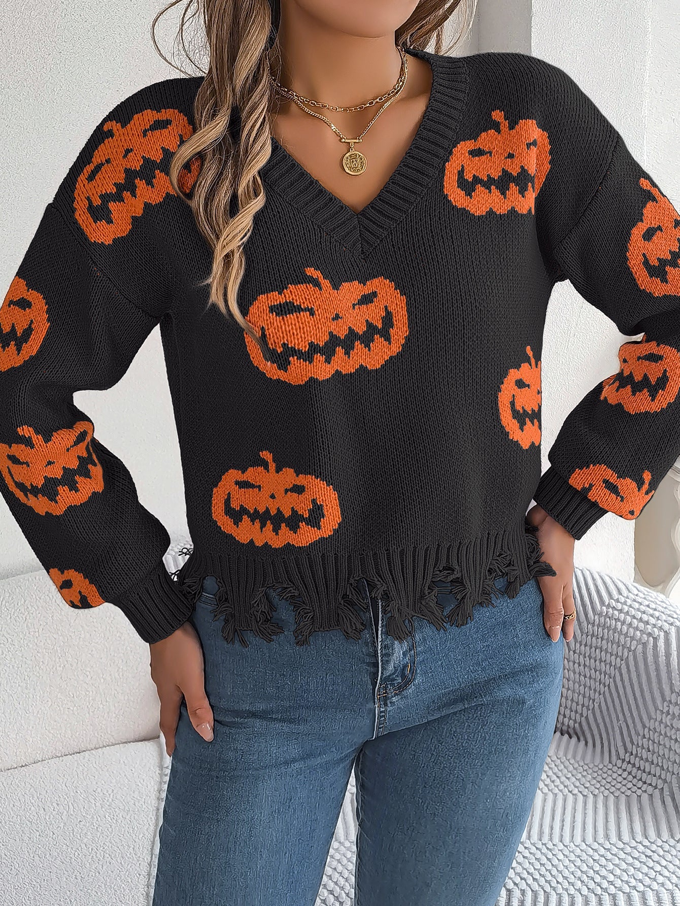 Halloween Pumpkin Cut Rotten Long Sleeve Sweater - TayDiane