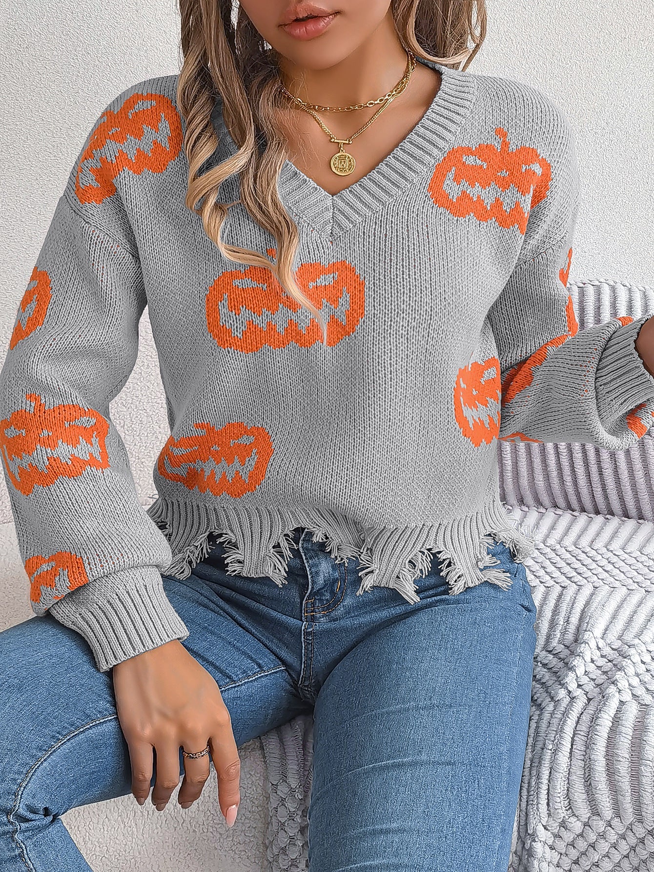 Halloween Pumpkin Cut Rotten Long Sleeve Sweater - TayDiane