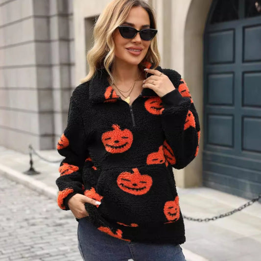 Halloween Pumpkin Printed Plush Pullover - TayDiane