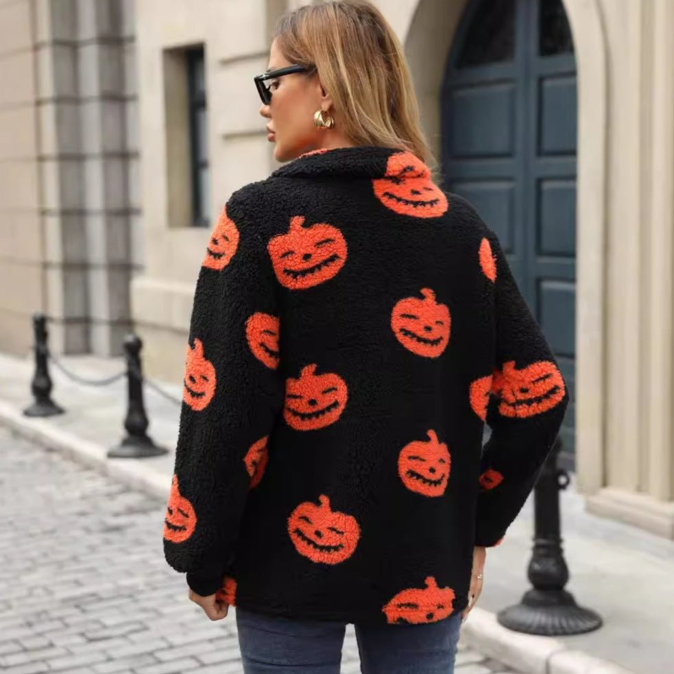 Halloween Pumpkin Printed Plush Pullover - TayDiane
